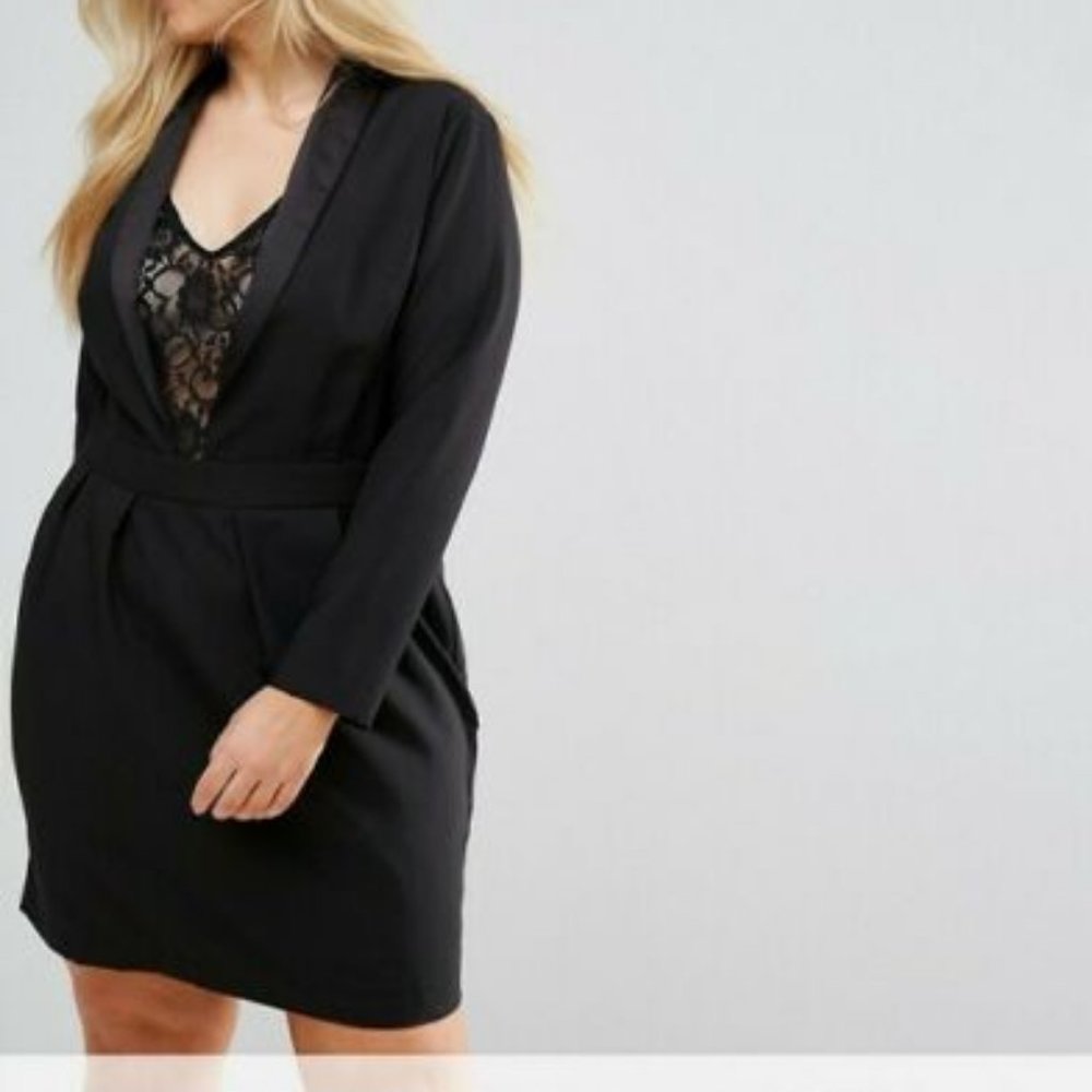NWT! ASOS CURVE Tux Dress with Lace Insert, Black, Satin Collar, Formal, Size 22